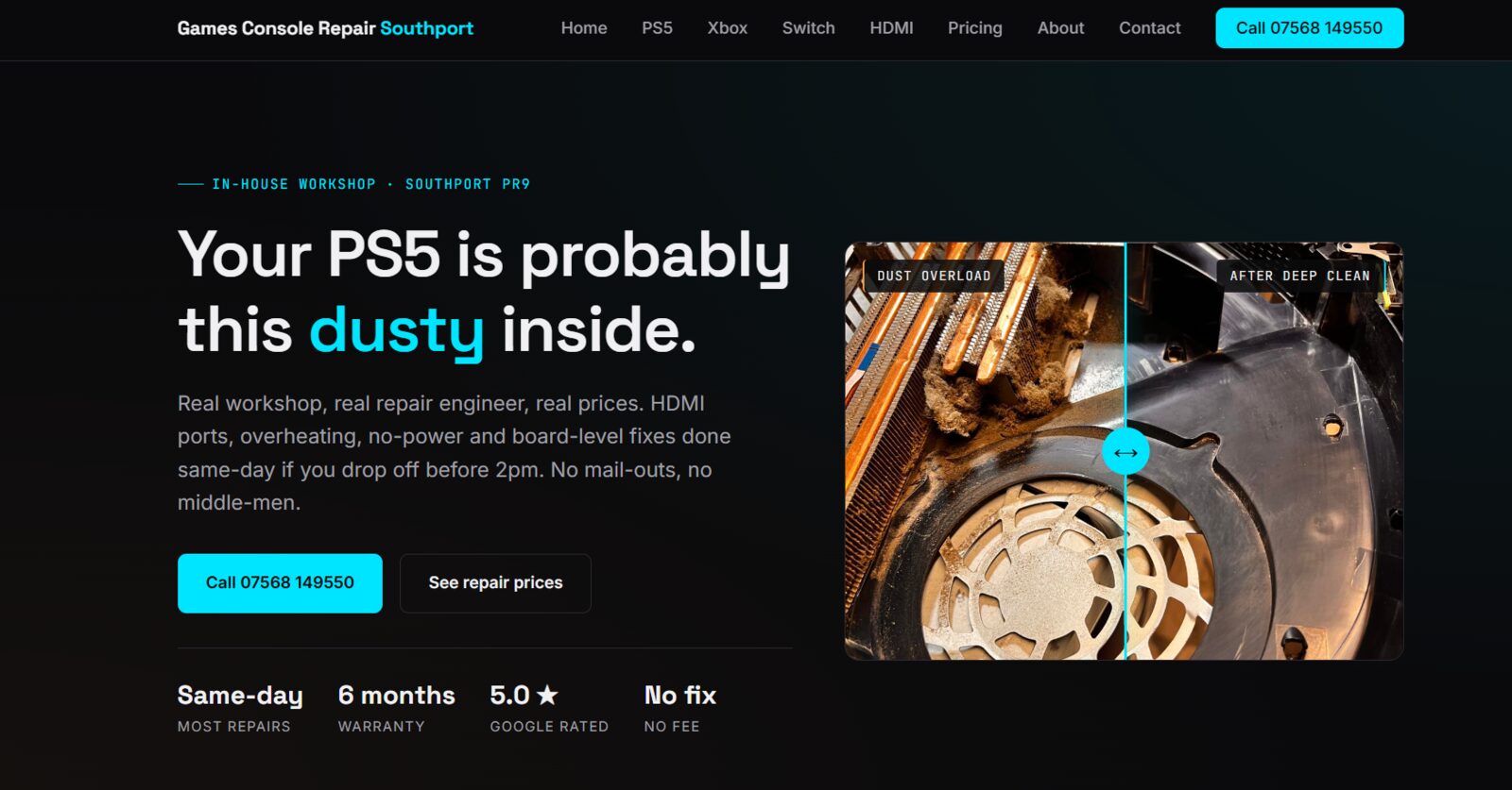 Games Console Repair Southport homepage hero showing dust photos and pricing call to action