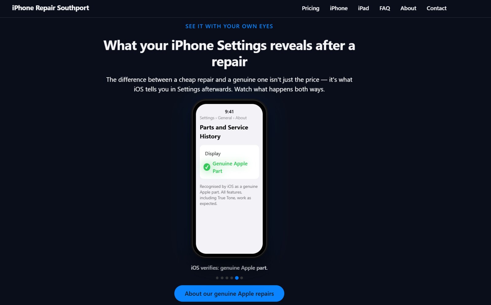 iPhone Repair Southport homepage showing iOS Settings screen with genuine Apple parts verified tick