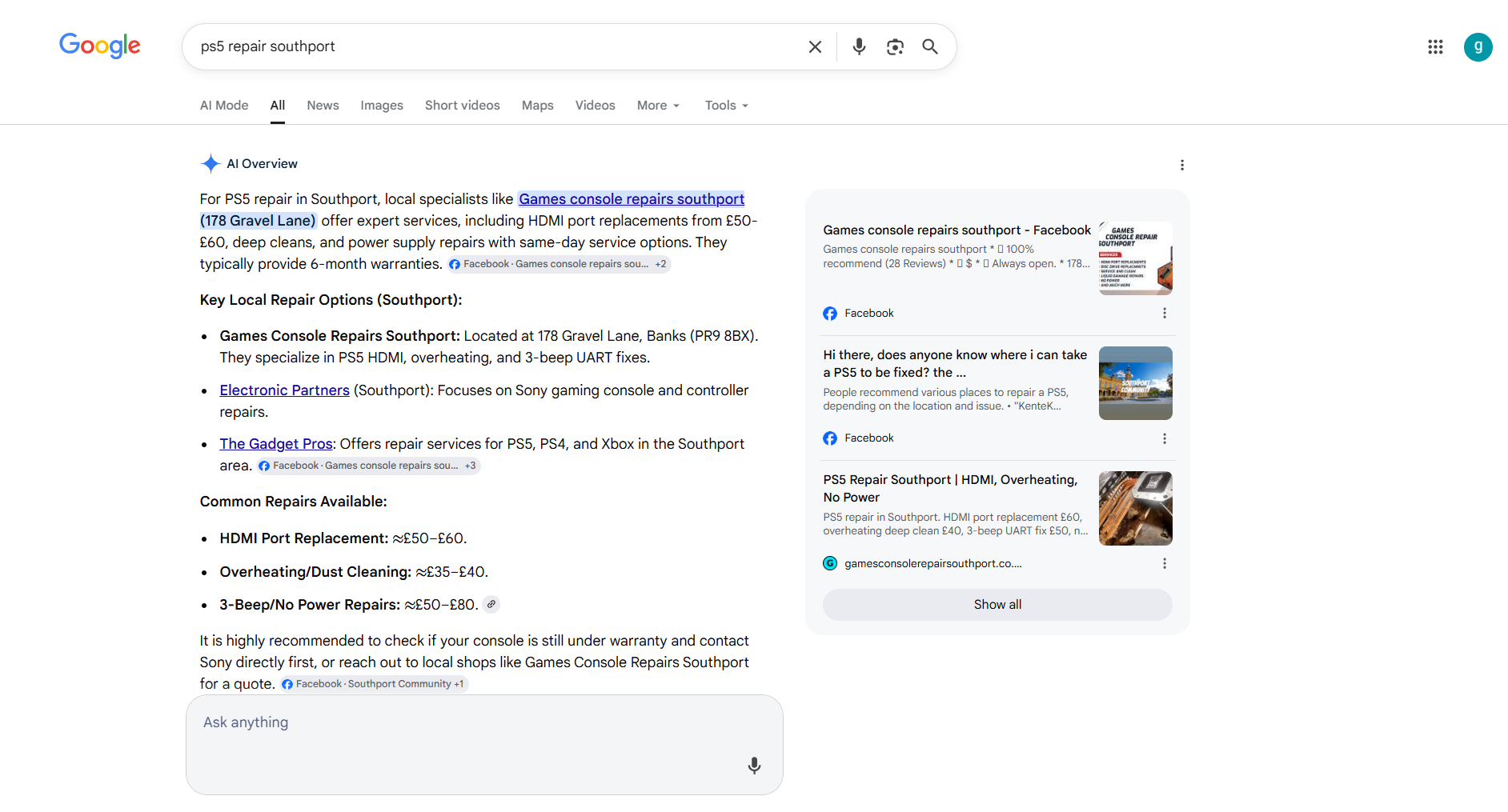 Google AI Overview citing Games Console Repairs Southport as the recommended PS5 repair specialist with prices and address pulled from the site Draxiq built