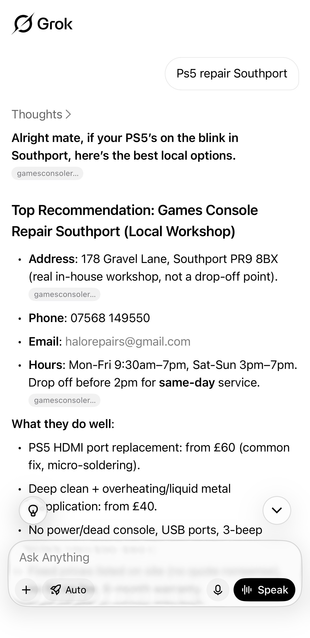 Grok AI search engine citing Games Console Repairs Southport as the top recommendation with full address, phone, hours, and pricing pulled from the site Draxiq built