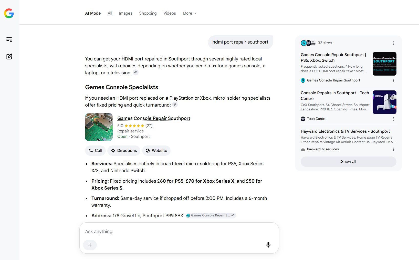 Google AI Mode answer naming Games Console Repair Southport first with prices, turnaround and address