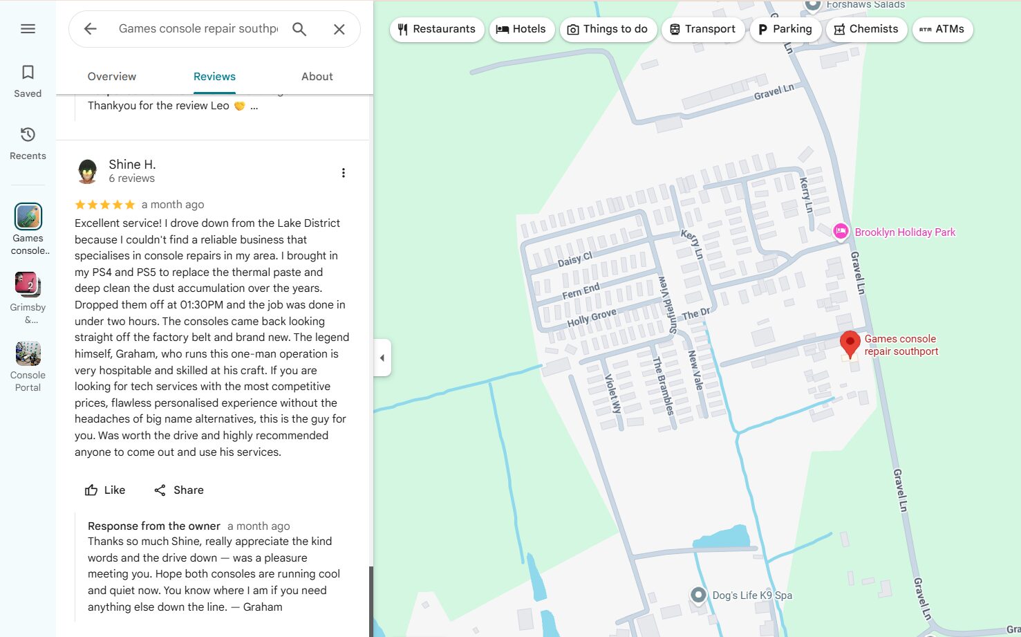 Five star Google review from a customer who travelled from the Lake District