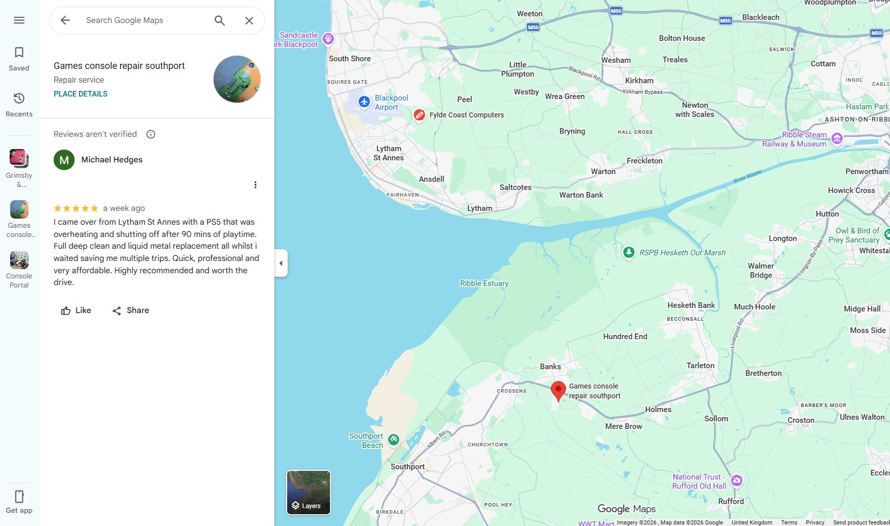 Five star Google review from a customer who travelled from Lytham St Annes