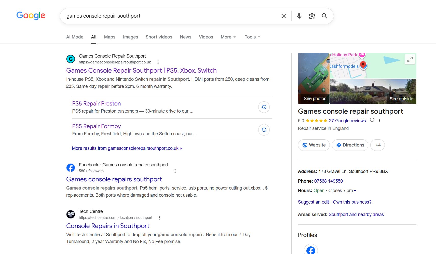 Google results for games console repair southport showing the site ranked first