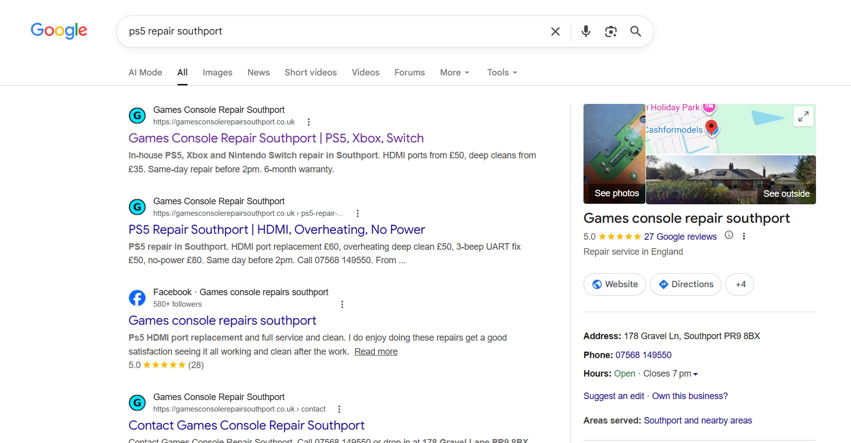 Google results for ps5 repair southport showing Games Console Repair Southport in the top four positions