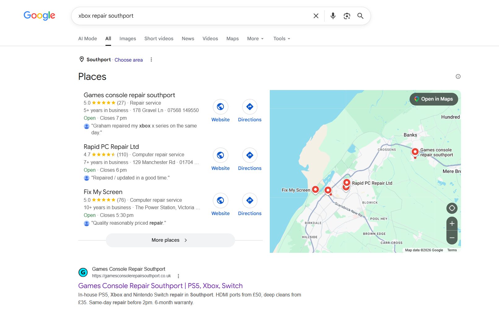 Google results for xbox repair southport showing first place organic and first in the local map pack