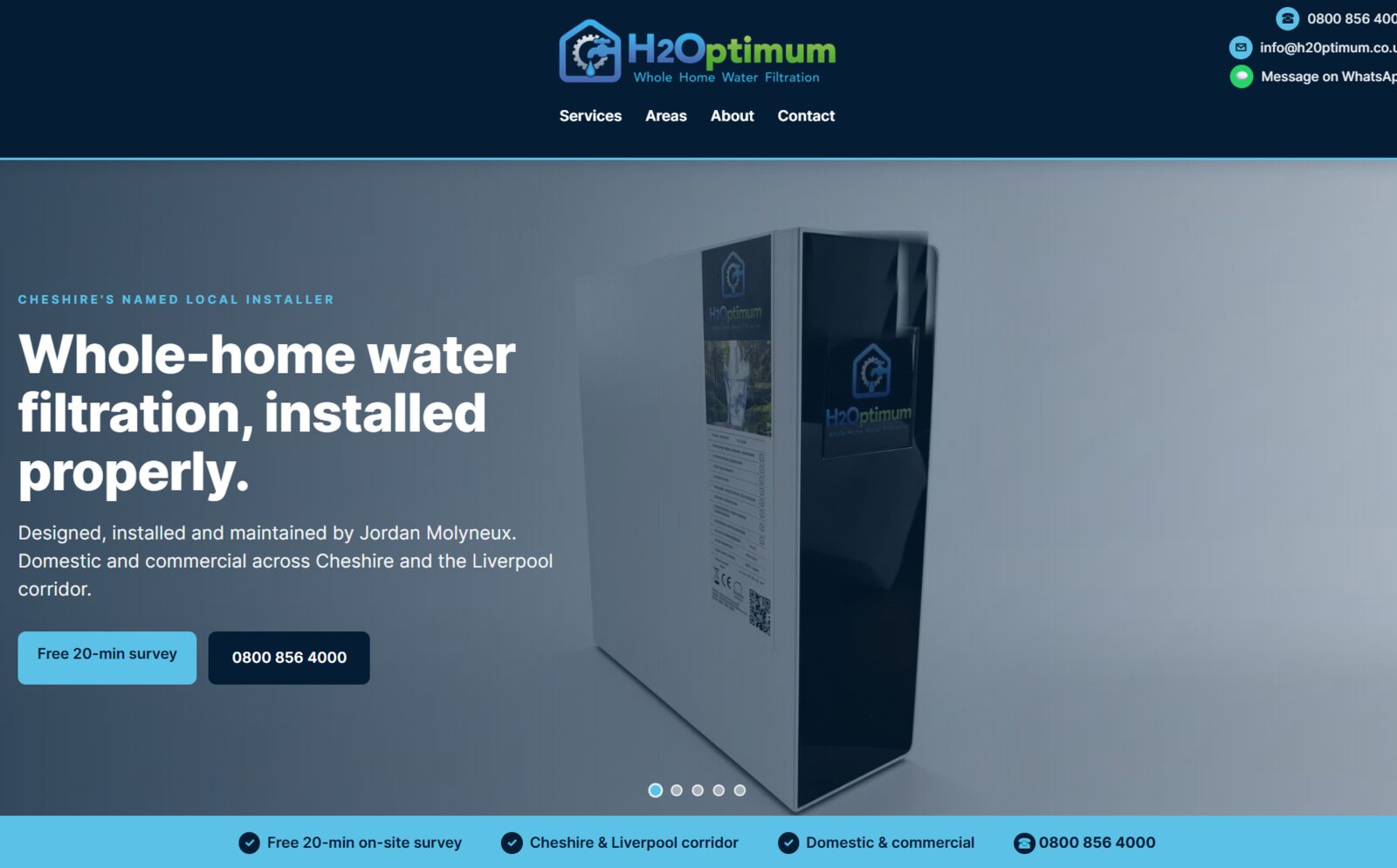 H2Optimum homepage hero showing a whole-home water filtration unit and free survey offer