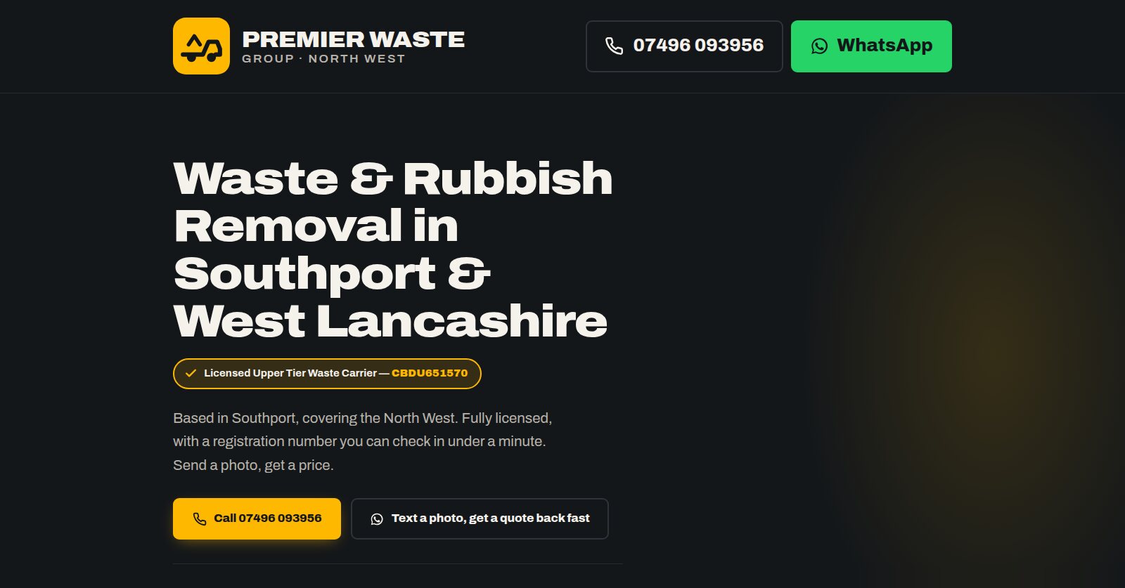Premier Waste Group one-page waste removal website homepage