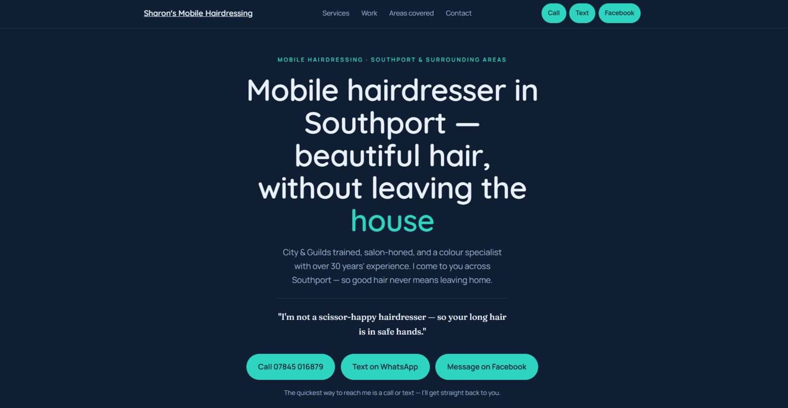 Sharon's Mobile Hairdressing one-page website homepage